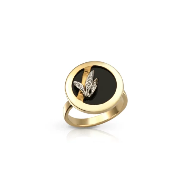 Carrera y Carrera 18K Yellow and White Gold Bamboo Ring with Diamonds and Onyx