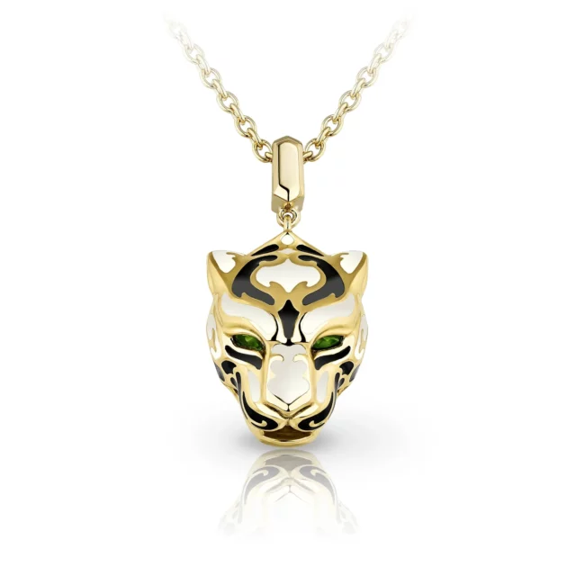 Carrera y Carrera 18K Yellow Gold Panther Head Pendant with Emeralds and Enamel