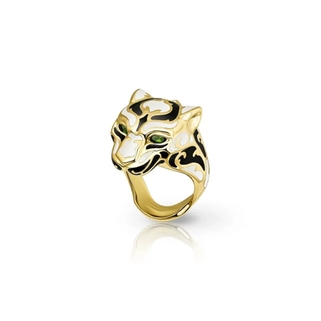 Carrera y Carrera 18K Yellow Gold Panther Head Ring with Emeralds and Enamel